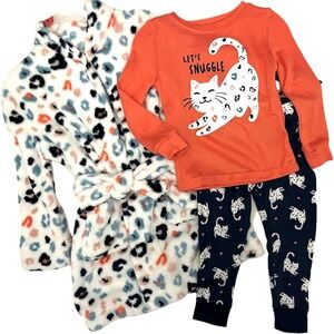Toddler Girl 2T Pajama Fleece Robe 3pc Set Wonder Nation Cat Leopard Snuggle NWT